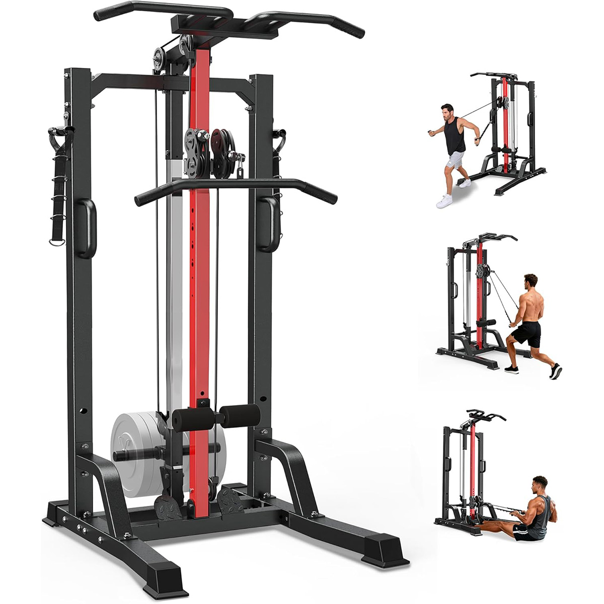 All In One Gym Home Equipment - Poobooホームジムマシン - ハイ/ロープーリーシステム（ラットプルダウン、ローイング＆バックワークアウト用）、レッグサポート付き | ホームジム用オールインワン筋力トレーニング機器