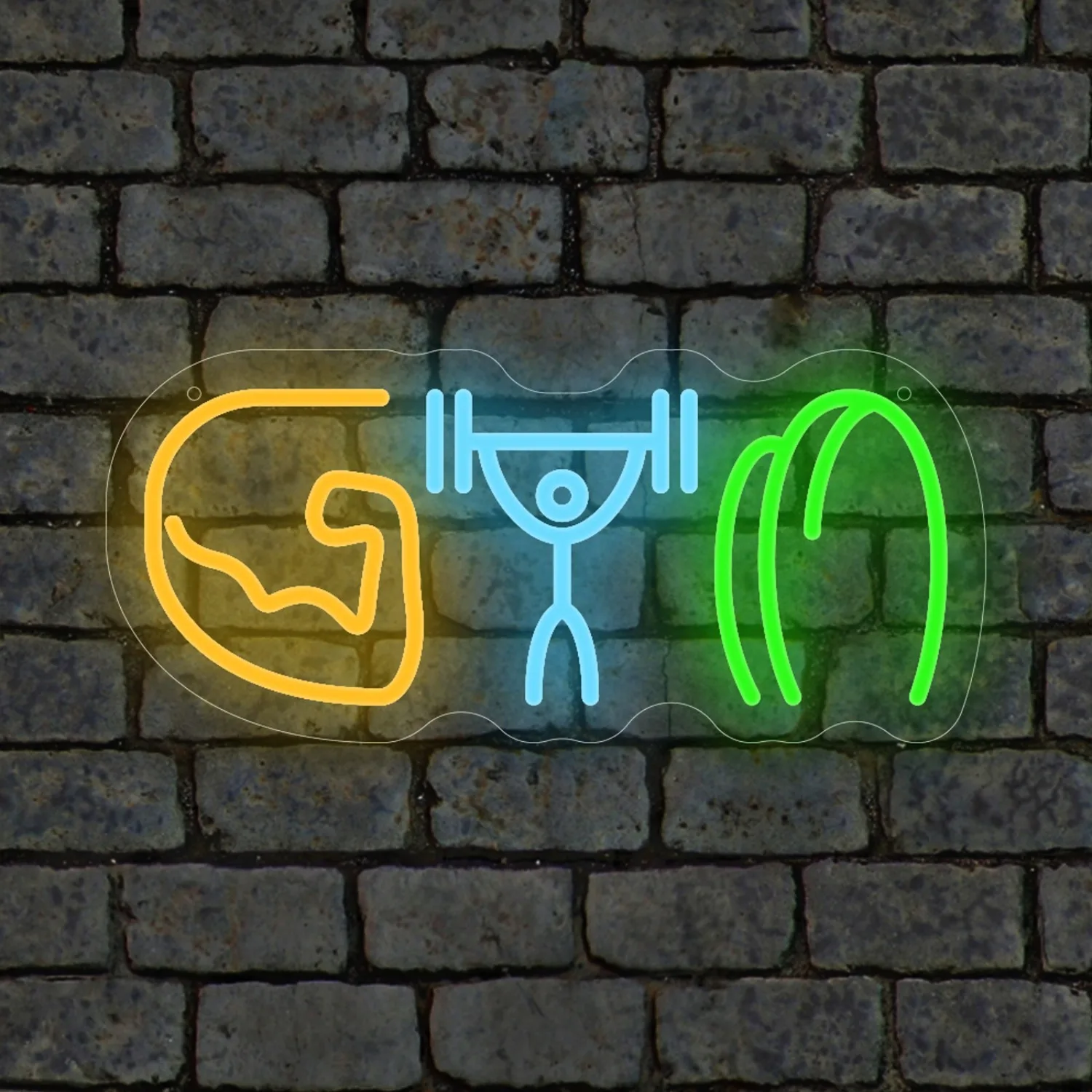 Home Gym Neon Sign - ジム用ネオンサイン、ウェイトリフティング、筋肉、腕、LEDウォールアート、黄色、青、緑の光、USB電源、調光機能付き、アクリル製ランプ、家庭用フィットネス装飾