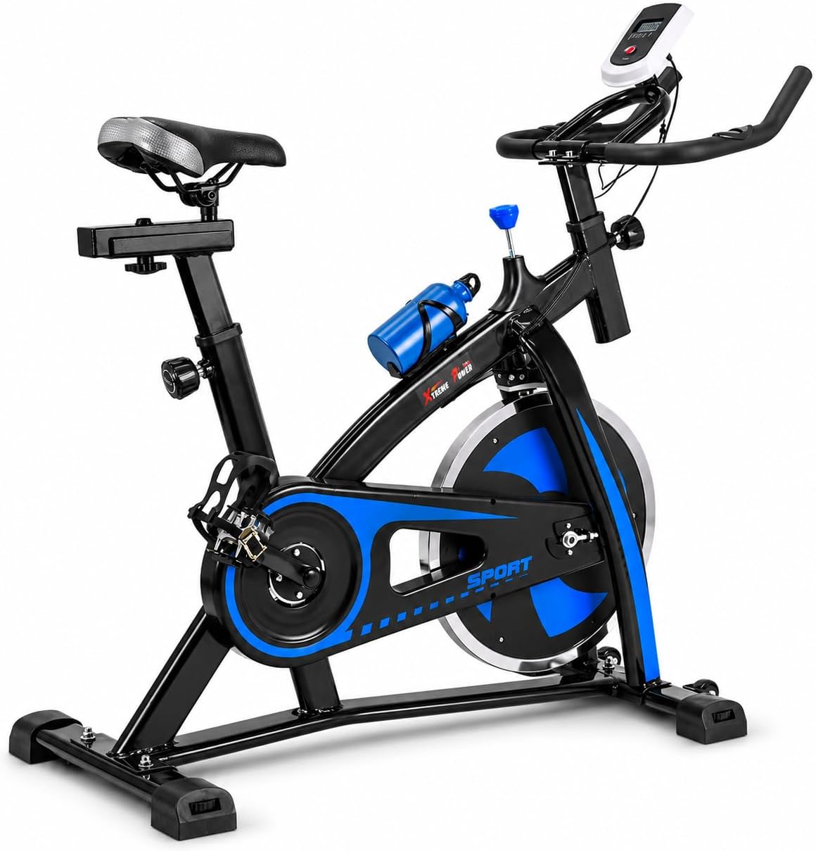 Home Gym Routine - 自宅でのジムトレーニングや有酸素運動に最適な、負荷調整機能付きの液晶モニターと快適な座席を備えた、据え置き型のエクササイズバイク（室内サイクリングバイク）。