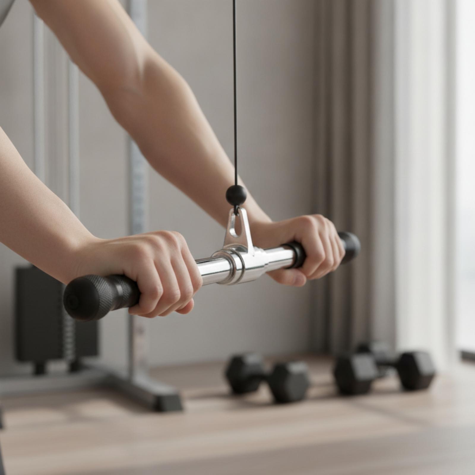 滑り止め加工を施したスチール製ロープバー。ラットプルダウンマ - Lat Pulldown Cable のレビューと価格