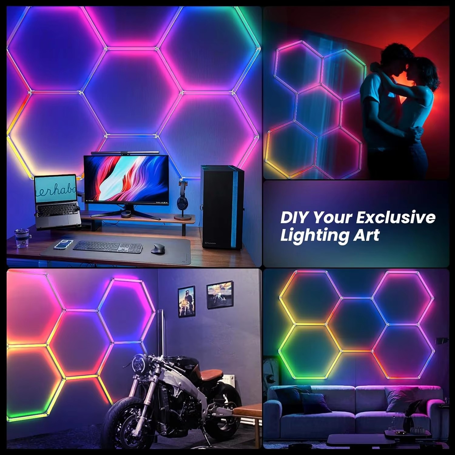 リモコン付きRGB六角形LEDライト。358色のカラーモード - Home Gym Neon Sign のレビューと価格